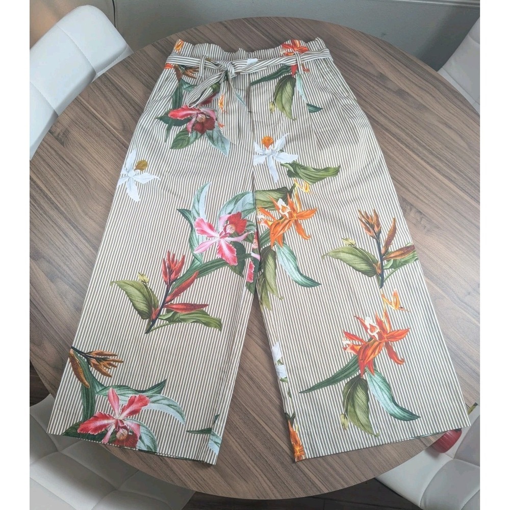 Zara Woman Tropical Floral Paperbag Wide Leg Crop Pants | Size Large